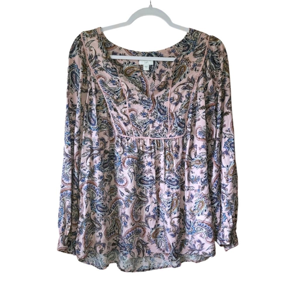 J. Jill Paisley Print Pink Boho Long Sleeve Vneck Babydoll Blouse